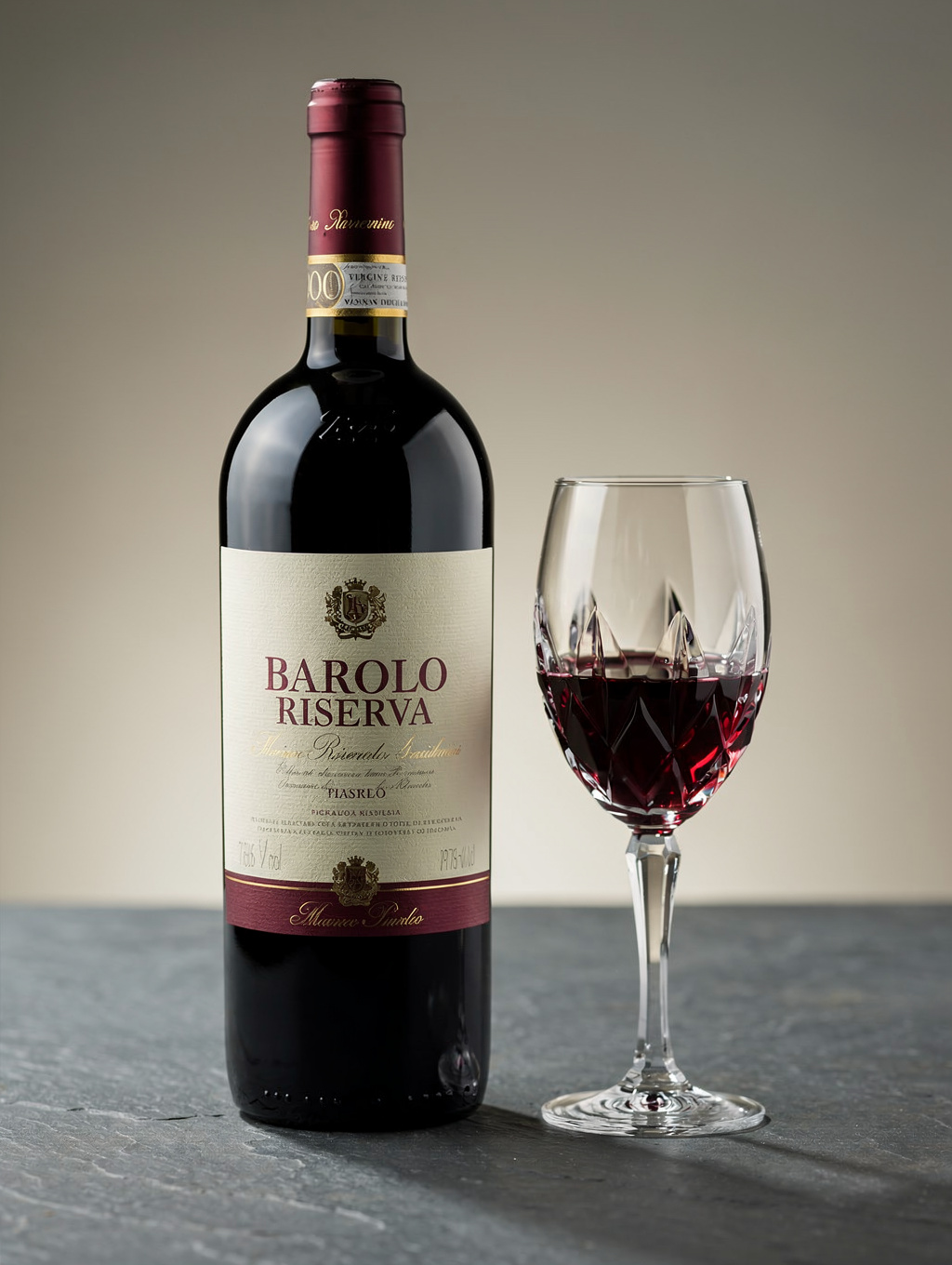Barolo DOCG wine bottle with elegant dark backdrop