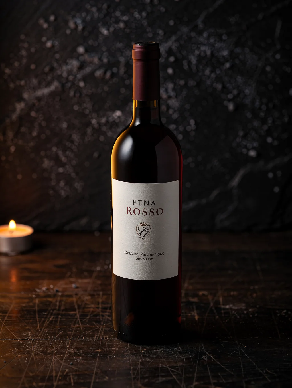 Sicilian Etna Rosso wine bottle and glass on stone