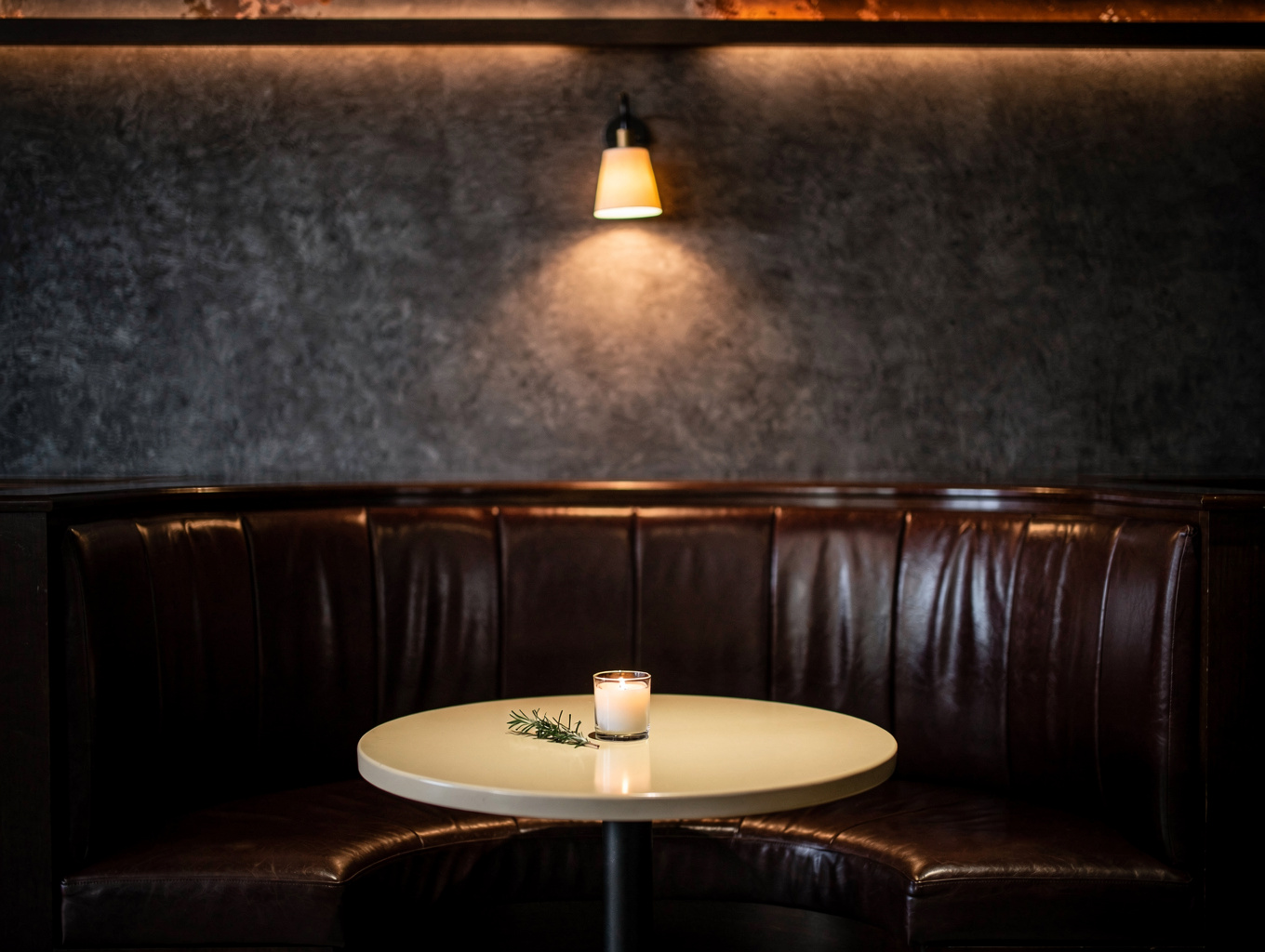 Secluded intimate corner booth set with artisanal terracotta accents and glowing candle