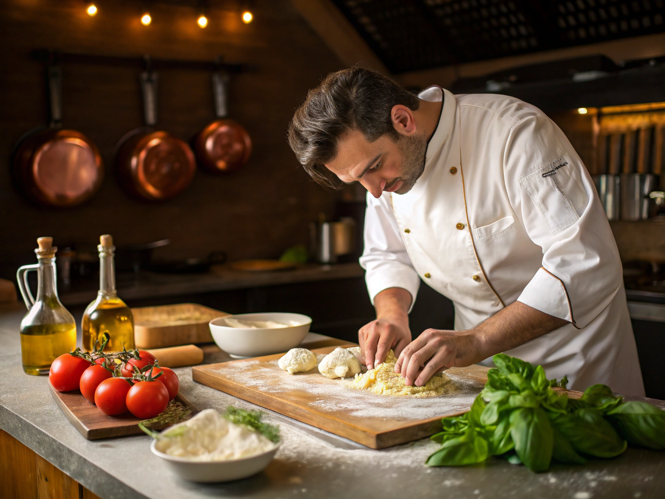 Chef preparing fresh handmade pasta in a modern Italian kitchen