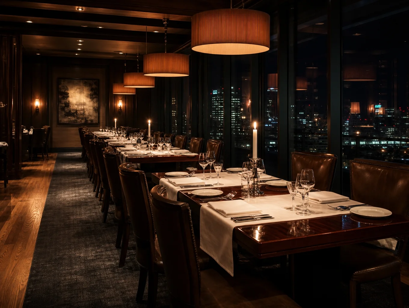 Warm candlelit main dining room with textured linen tables and intimate seating