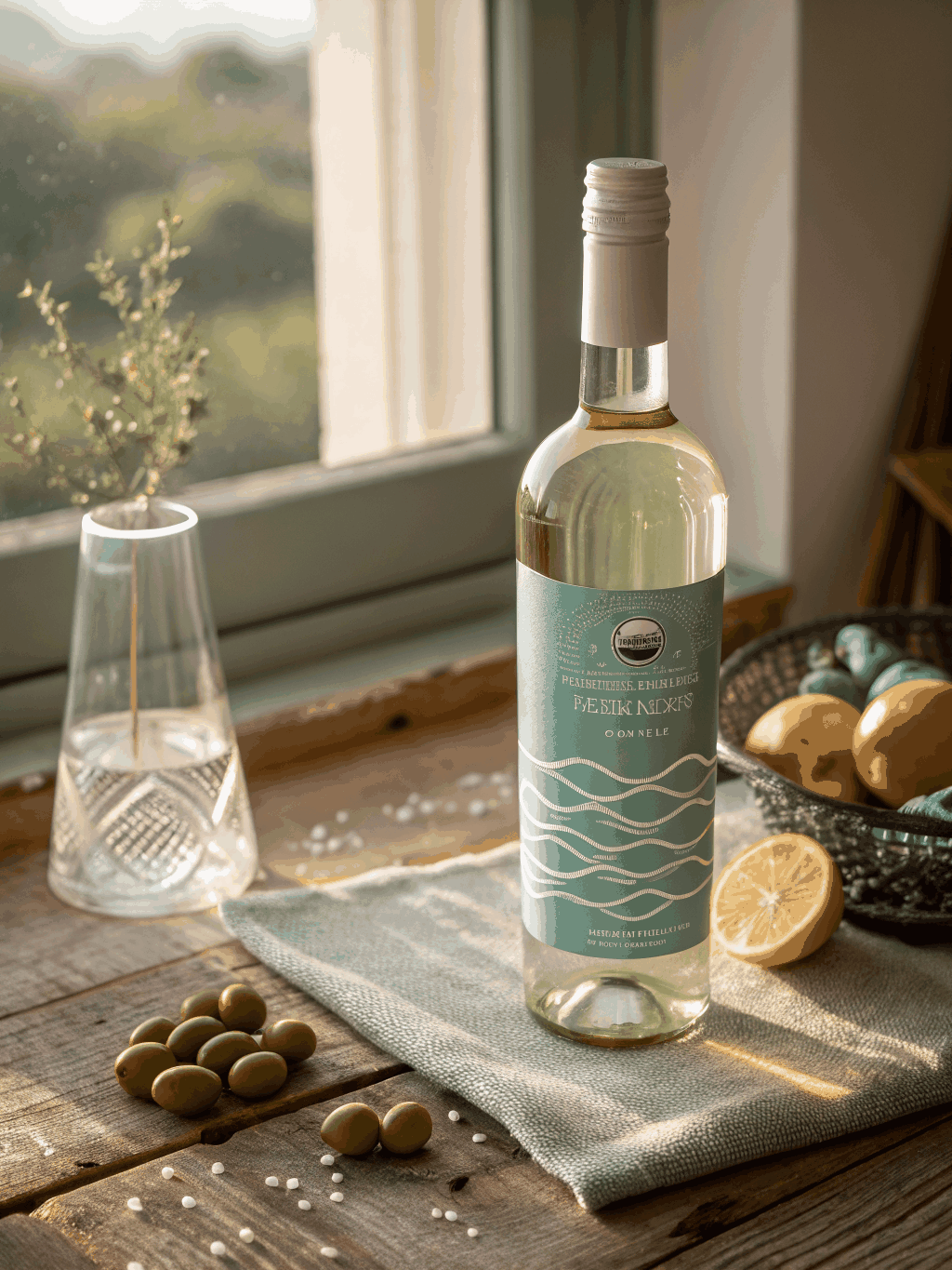 Chilled bottle of Vermentino white wine with condensation